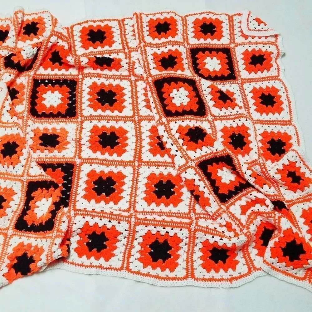 VINTAGE Granny Square Handmade Orange Afghan Throw